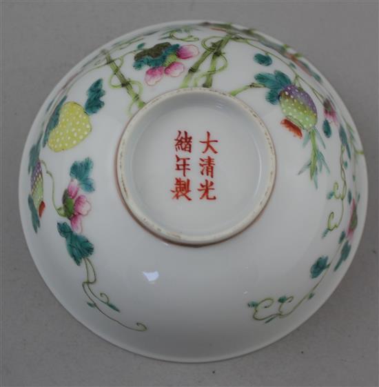 A Chinese famille rose lychees bowl, Guangxu mark and probably of the period (1875-1908), 13.5cm, wood stand